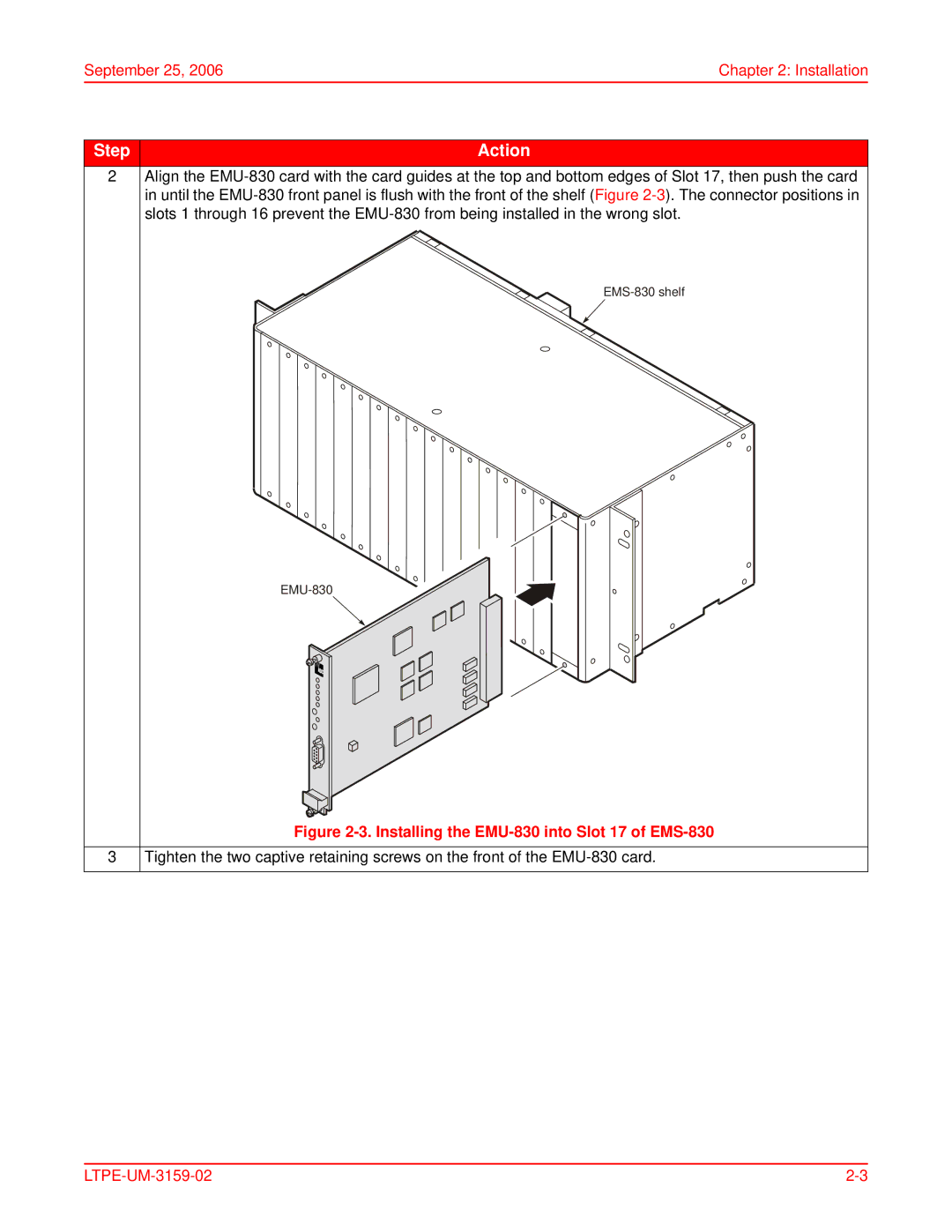 ADC user manual September 25 Installation, Installing the EMU-830 into Slot 17 of EMS-830 