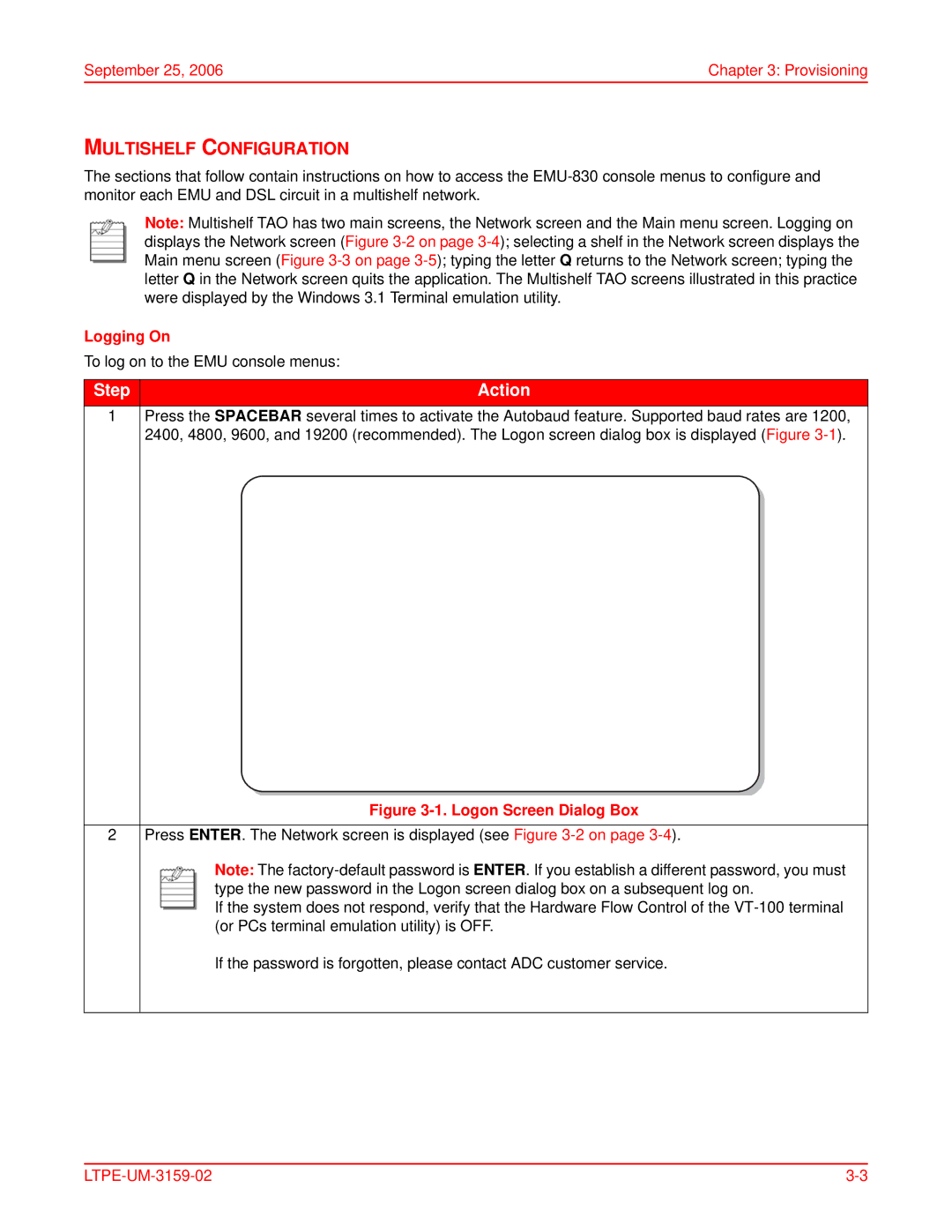 ADC EMU-830 user manual Multishelf Configuration, September 25 Provisioning, Logging On 