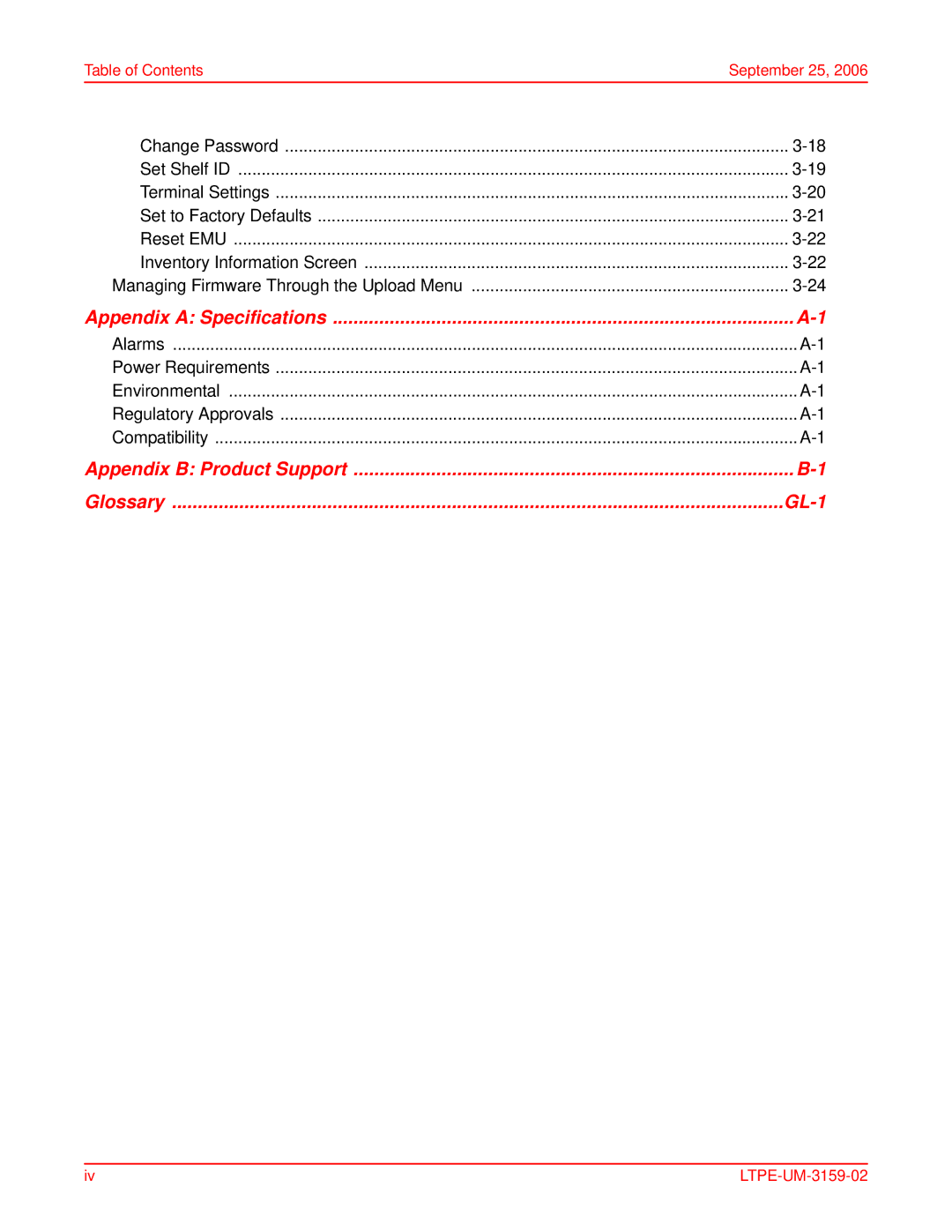 ADC EMU-830 user manual Table of ContentsSeptember 25, LTPE-UM-3159-02 