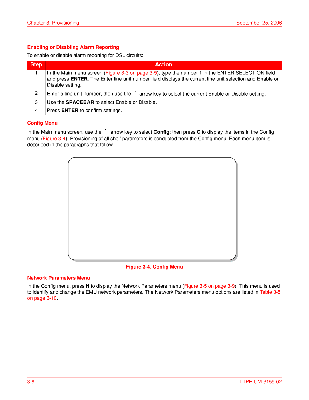 ADC EMU-830 Enabling or Disabling Alarm Reporting, To enable or disable alarm reporting for DSL circuits, Config Menu 