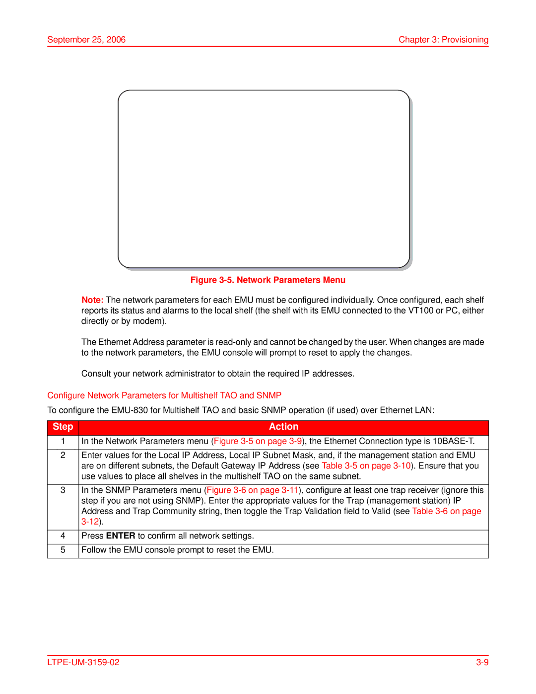 ADC EMU-830 user manual Configure Network Parameters for Multishelf TAO and Snmp 