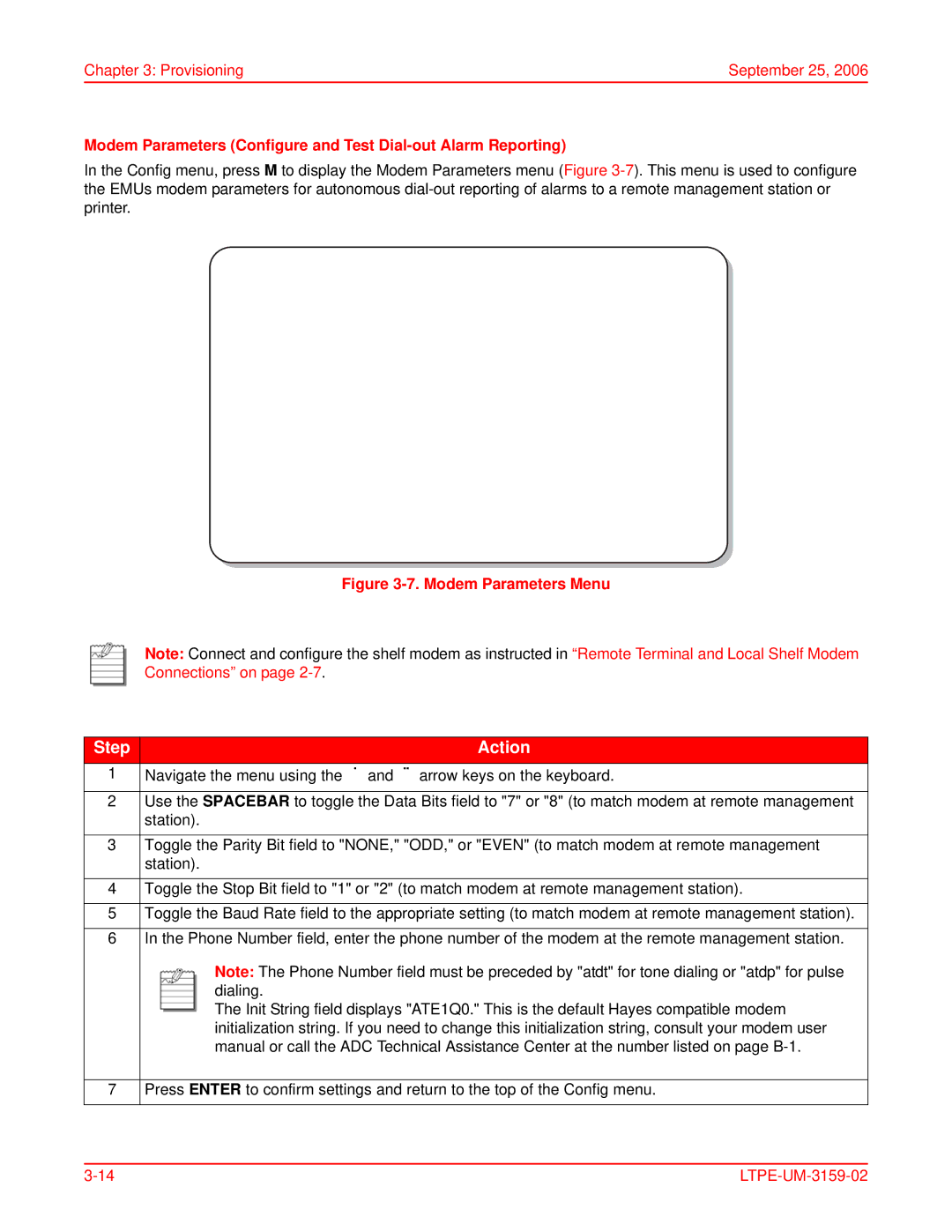 ADC EMU-830 user manual Modem Parameters Configure and Test Dial-out Alarm Reporting, Modem Parameters Menu 