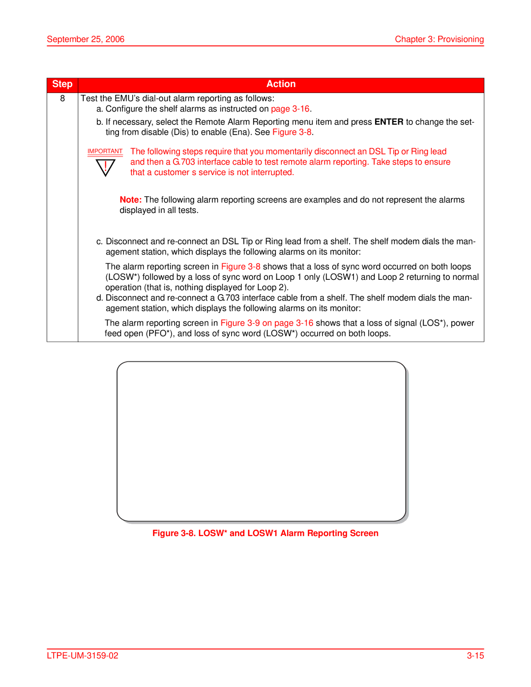 ADC EMU-830 user manual LOSW* and LOSW1 Alarm Reporting Screen 