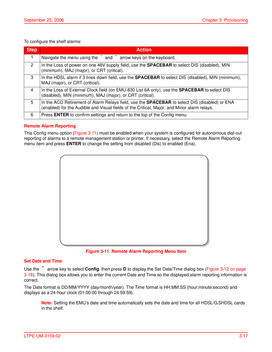 ADC EMU-830 user manual Remote Alarm Reporting Menu Item Set Date and Time 