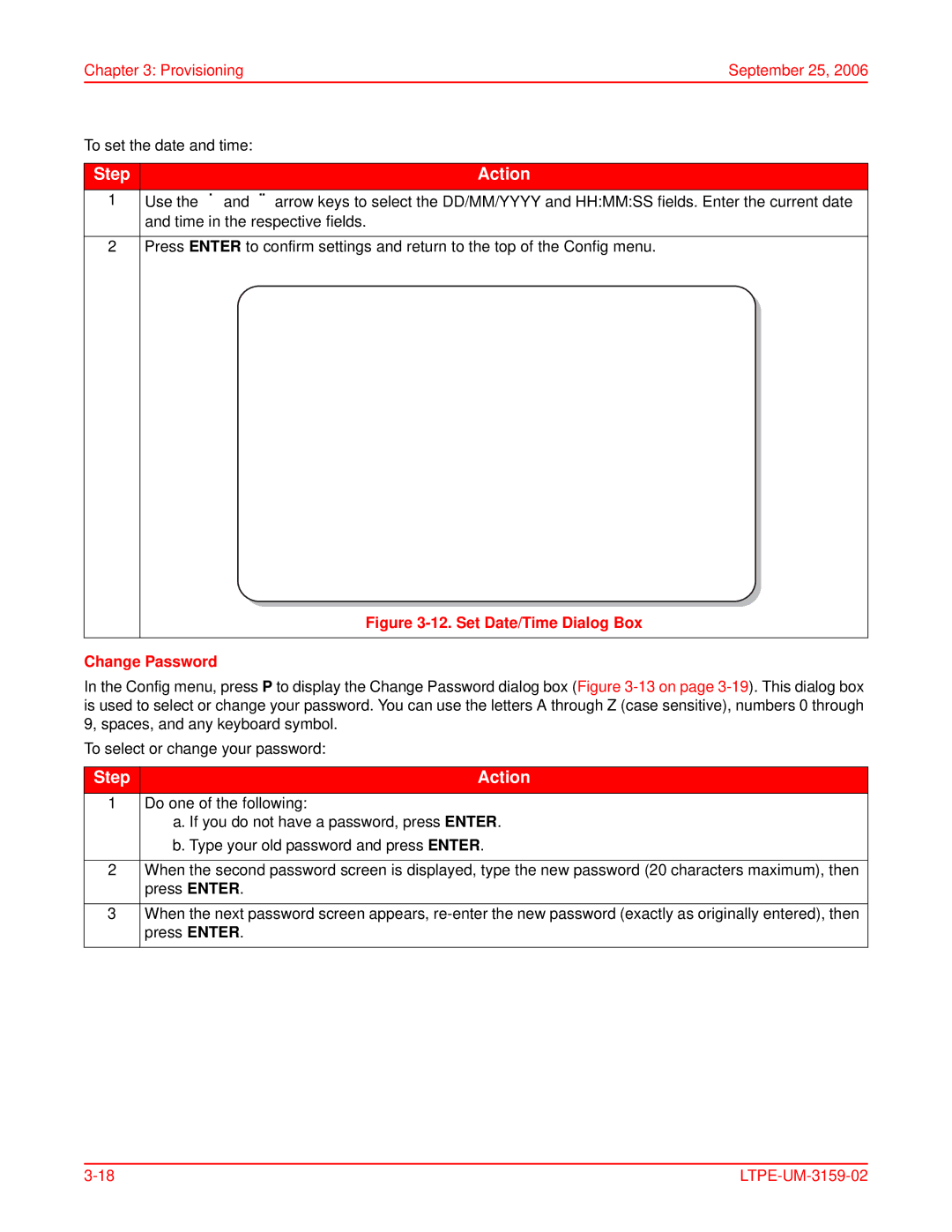 ADC EMU-830 user manual Provisioning September 25 To set the date and time, Set Date/Time Dialog Box Change Password 