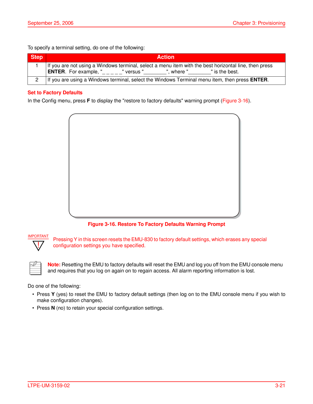 ADC EMU-830 user manual Set to Factory Defaults, Restore To Factory Defaults Warning Prompt 