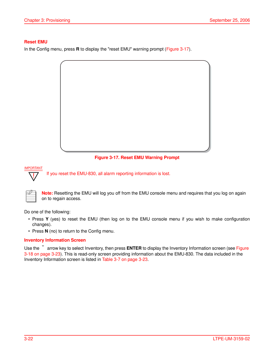 ADC EMU-830 user manual Reset EMU, Inventory Information Screen 