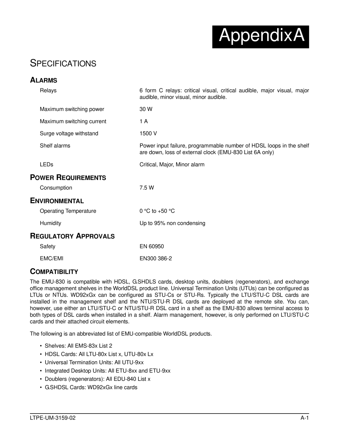 ADC EMU-830 user manual Power Requirements, Environmental, Regulatory Approvals, Compatibility 