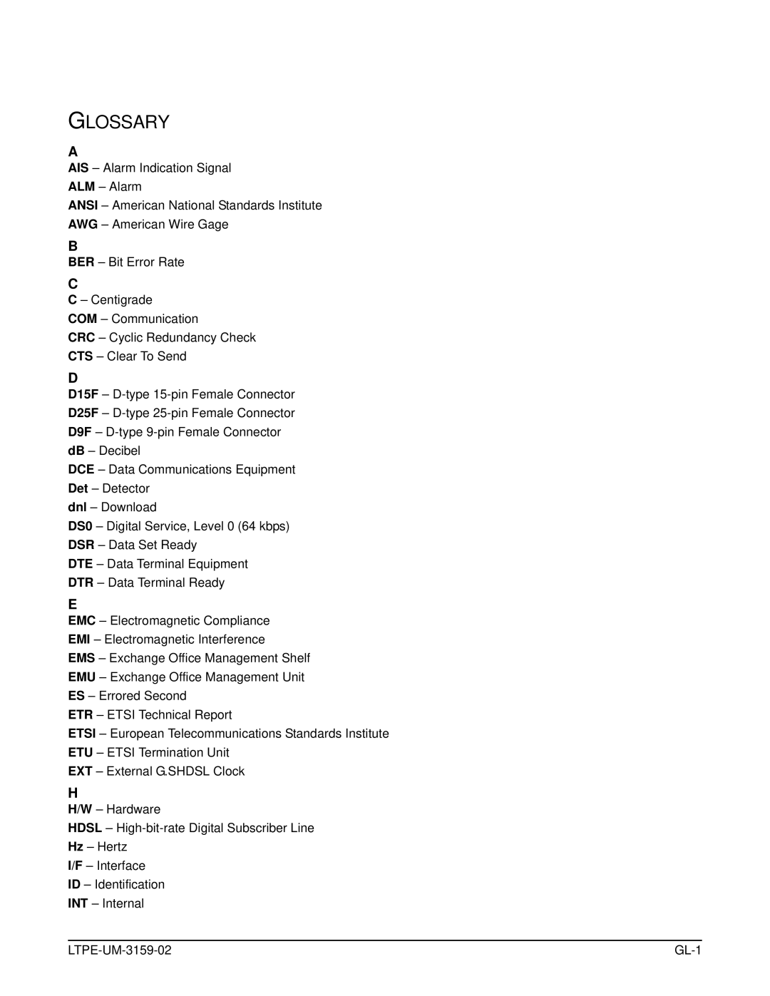 ADC EMU-830 user manual Glossary, LTPE-UM-3159-02 GL-1 