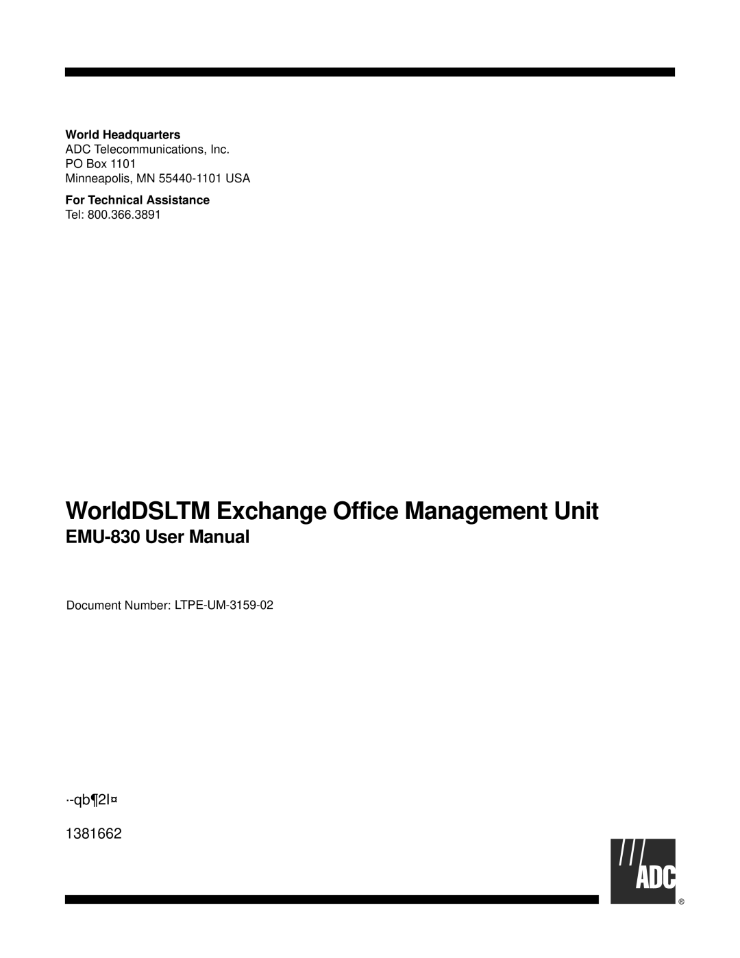 ADC EMU-830 user manual World Headquarters, For Technical Assistance 