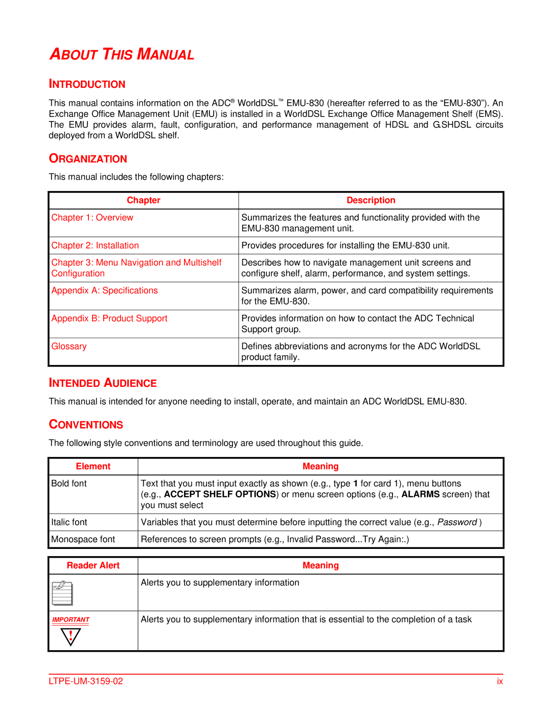 ADC EMU-830 user manual Introduction, Organization, Intended Audience, Conventions 