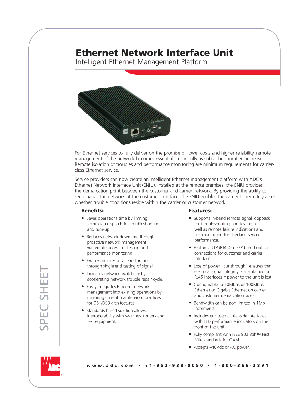 ADC Ethernet Network Interface Unit manual Intelligent Ethernet Management Platform, Benefits, Features 