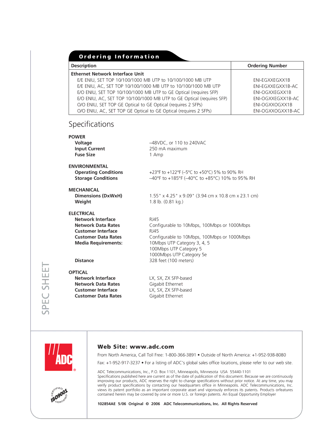 ADC Ethernet Network Interface Unit manual Specifications, Power, Environmental, Optical 