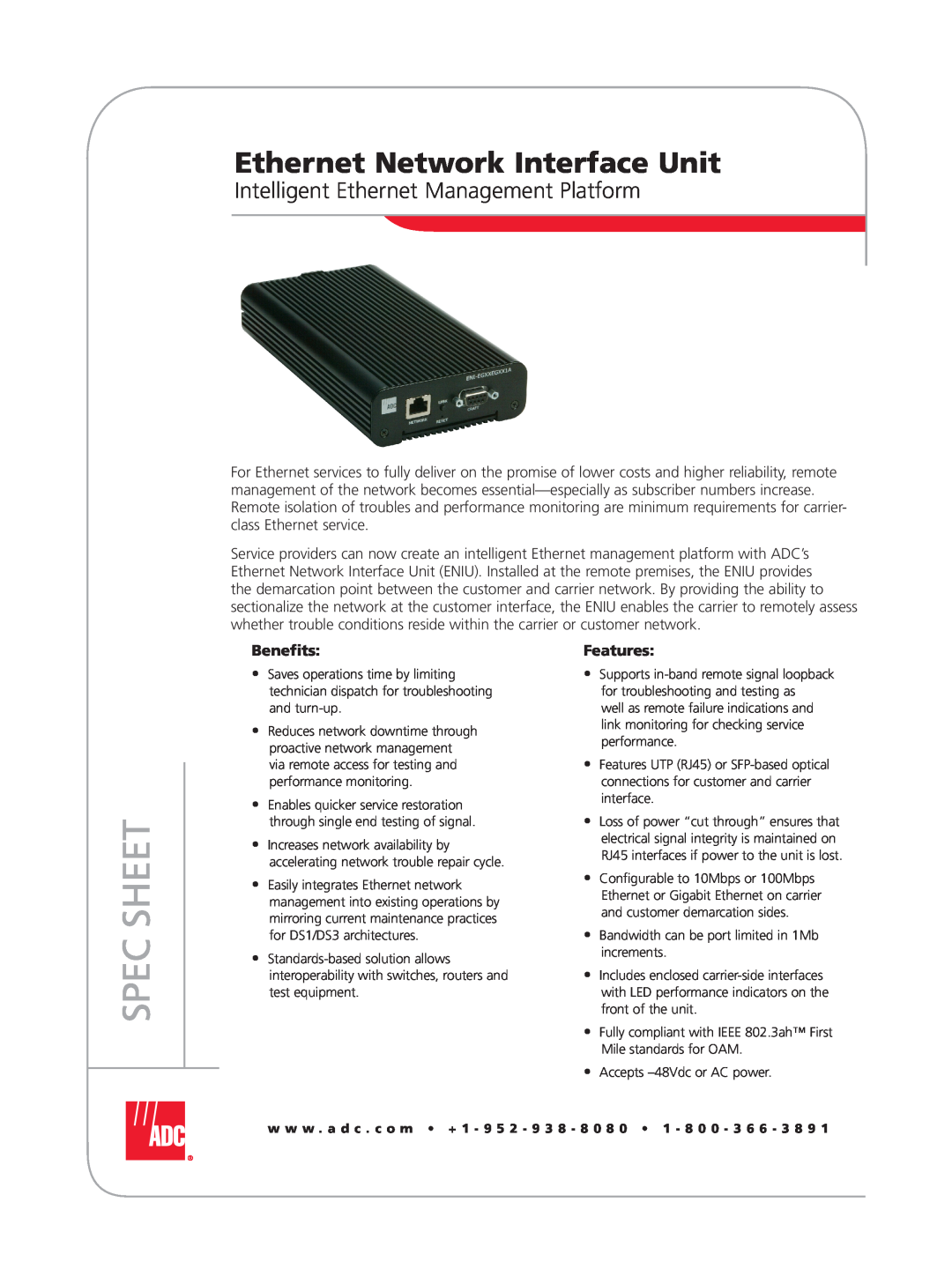ADC Ethernet Network Interface Unit manual Intelligent Ethernet Management Platform, Spec Sheet, Benefits, Features 