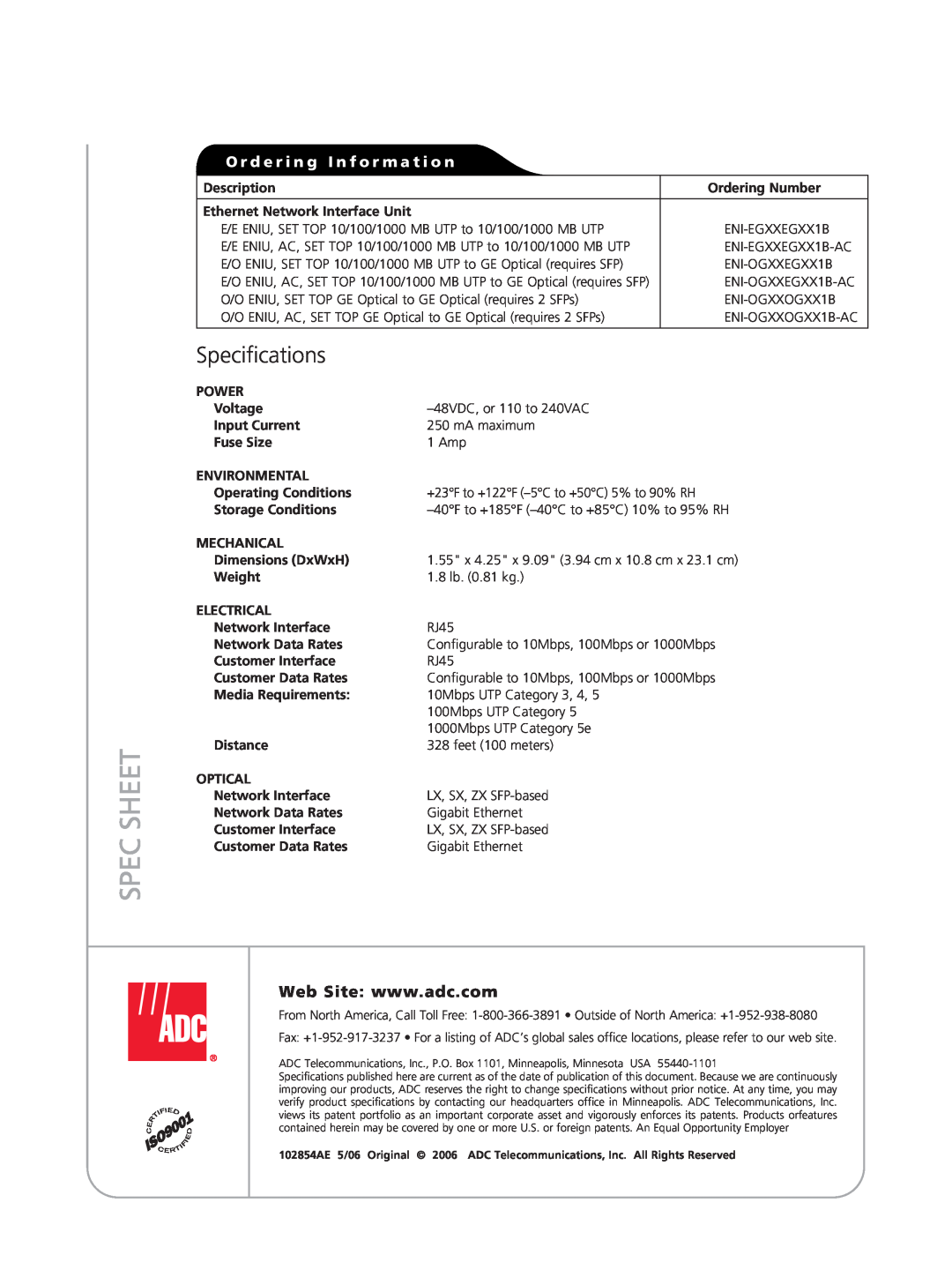 ADC Ethernet Network Interface Unit manual Specifications, Spec Sheet, O r d e r i n g I n f o r m a t i o n 