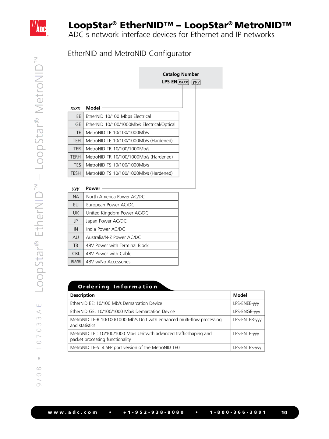 ADC EtherNID, MetroNID manual Catalog Number LPS-EN xxxx yyy Xxxx Model, Yyy Power, Description Model 