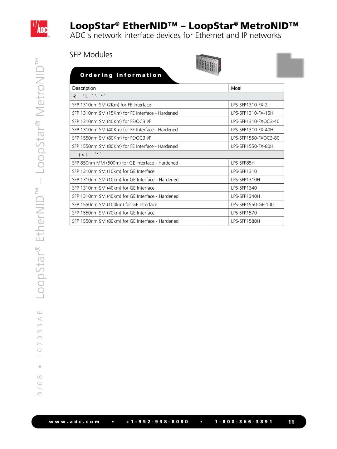 ADC MetroNID, EtherNID manual Description Model 100 Mb/s SFPs, Gigabit SFPs 