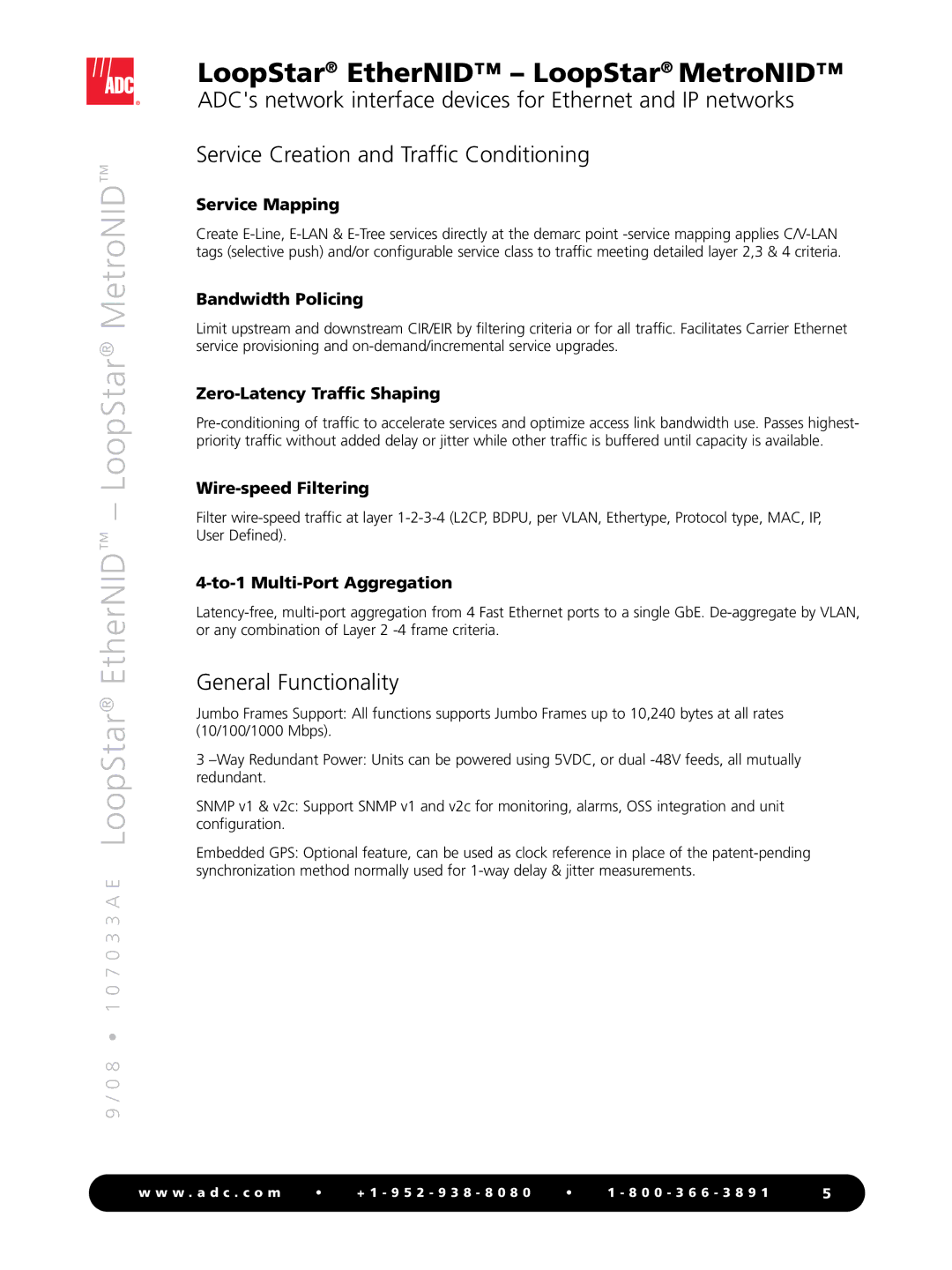 ADC MetroNID, EtherNID manual Service Mapping, Bandwidth Policing, Zero-Latency Traffic Shaping, Wire-speed Filtering 