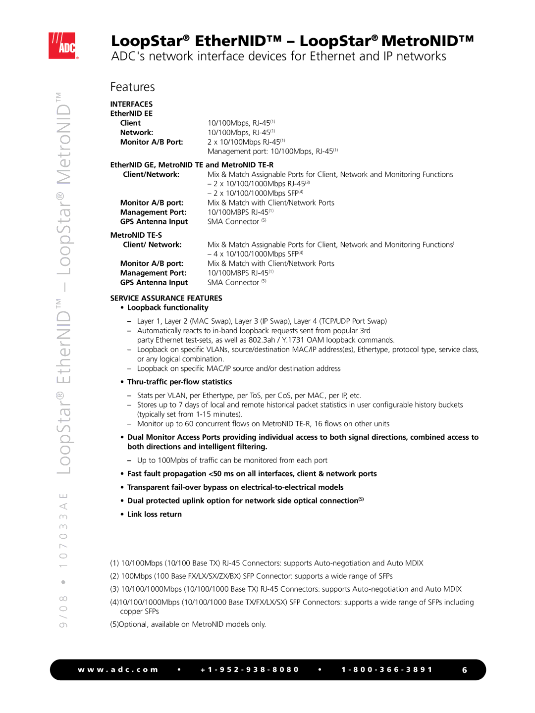 ADC Interfaces EtherNID EE Client, Network, Monitor A/B Port, EtherNID GE, MetroNID TE and MetroNID TE-R, MetroNID TE-S 