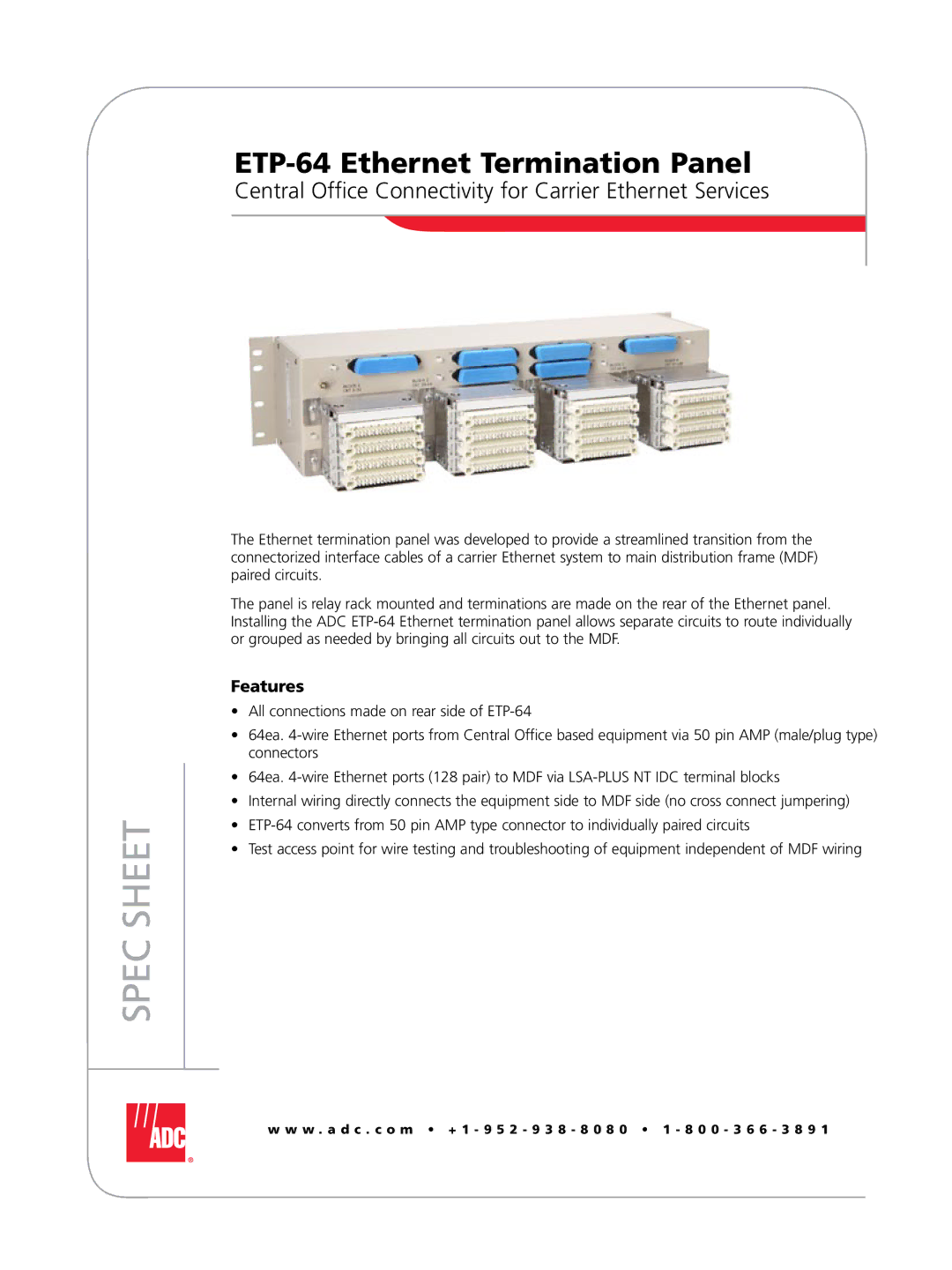 ADC ETP-64 manual Spec Sheet, Central Office Connectivity for Carrier Ethernet Services, Features 