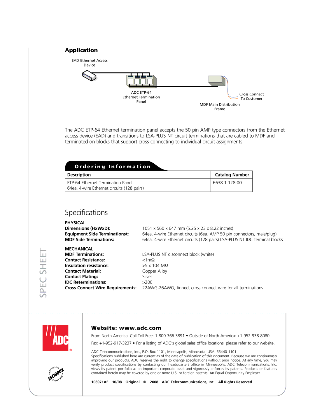 ADC ETP-64 manual Spec Sheet, Specifications, Application, D e r i n g I n f o r m a t i o n 