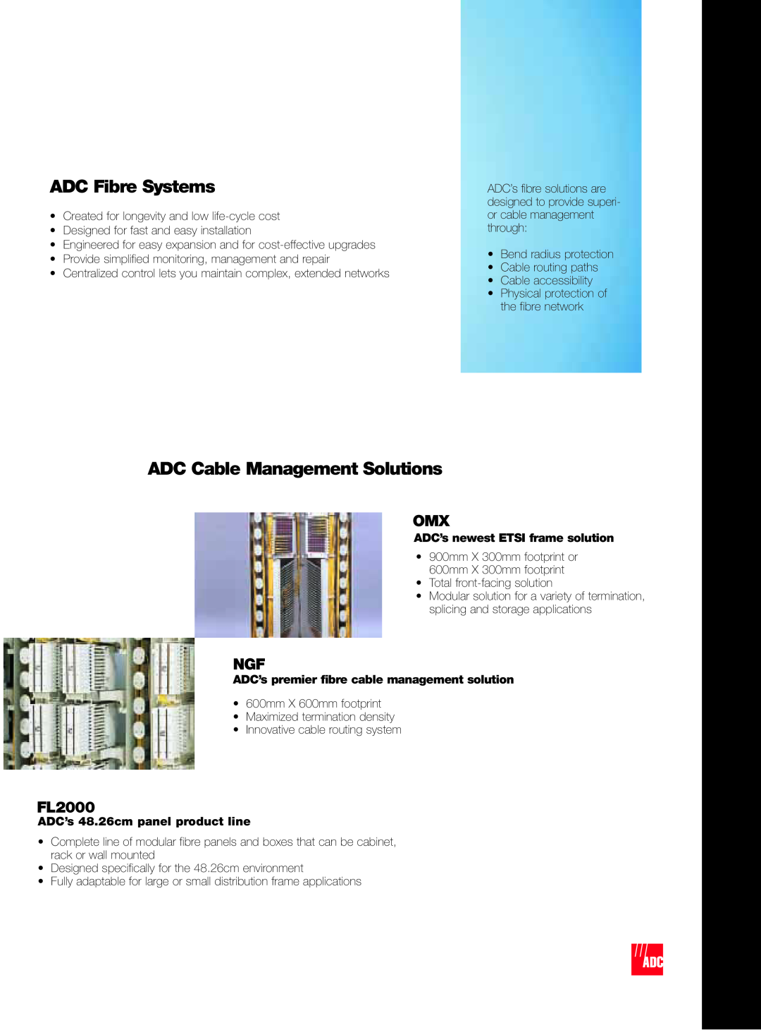 ADC Fibre ETSI Solution manual ADC Fibre Systems, ADC Cable Management Solutions, ADC’s newest ETSI frame solution, FL2000 