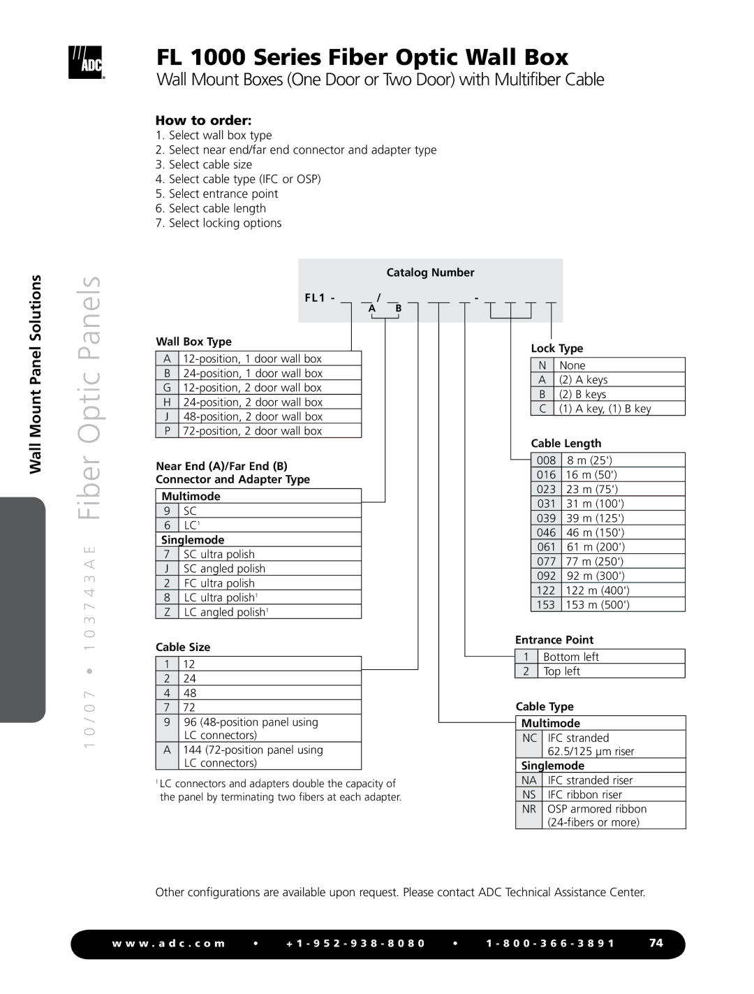 ADC FL1000 Series manual Wall Mount Boxes One Door or Two Door with Multifiber Cable 