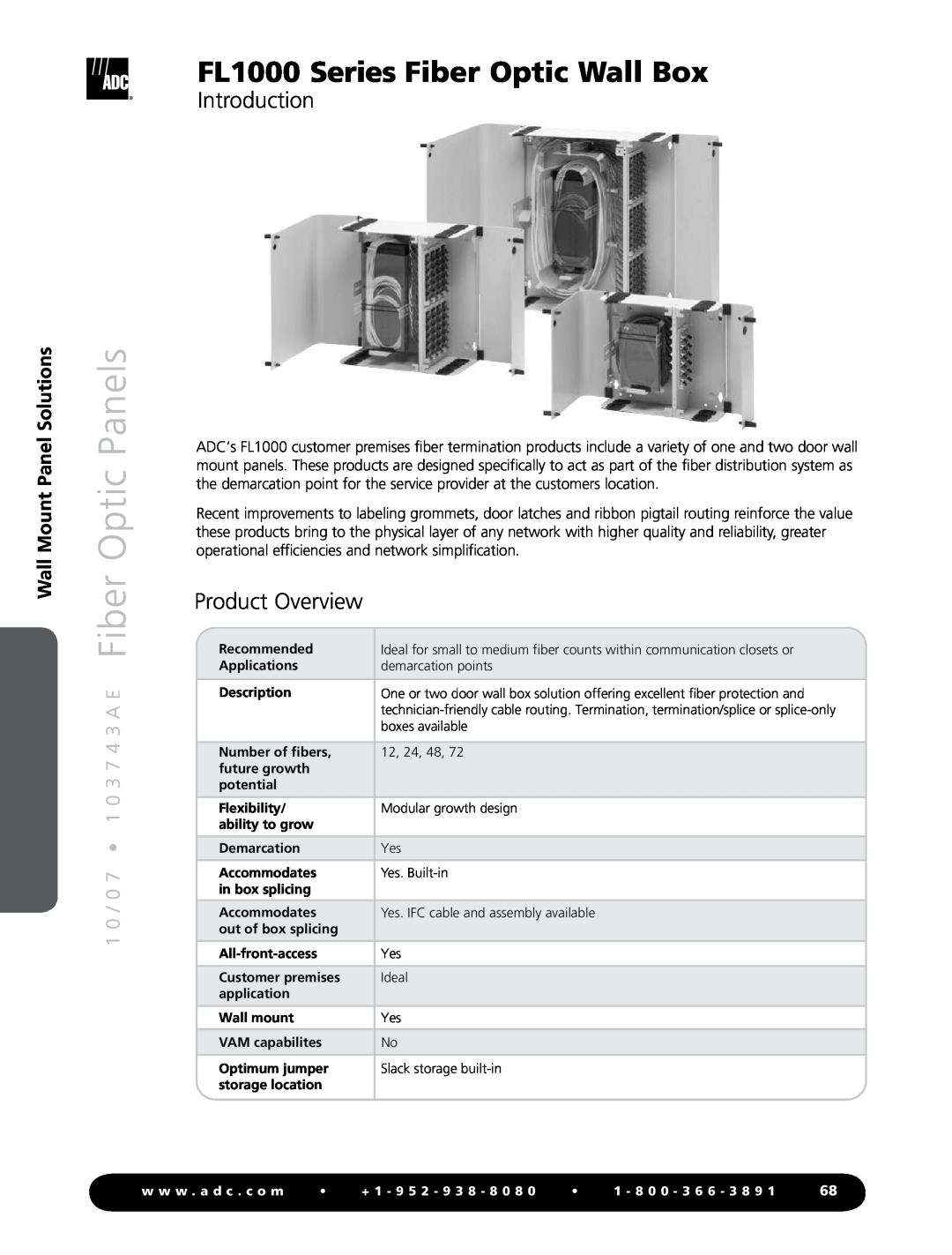 ADC manual Fiber Optic Panels, FL1000 Series Fiber Optic Wall Box, Introduction, Product Overview, 1 0 3 7 4 3 A E 