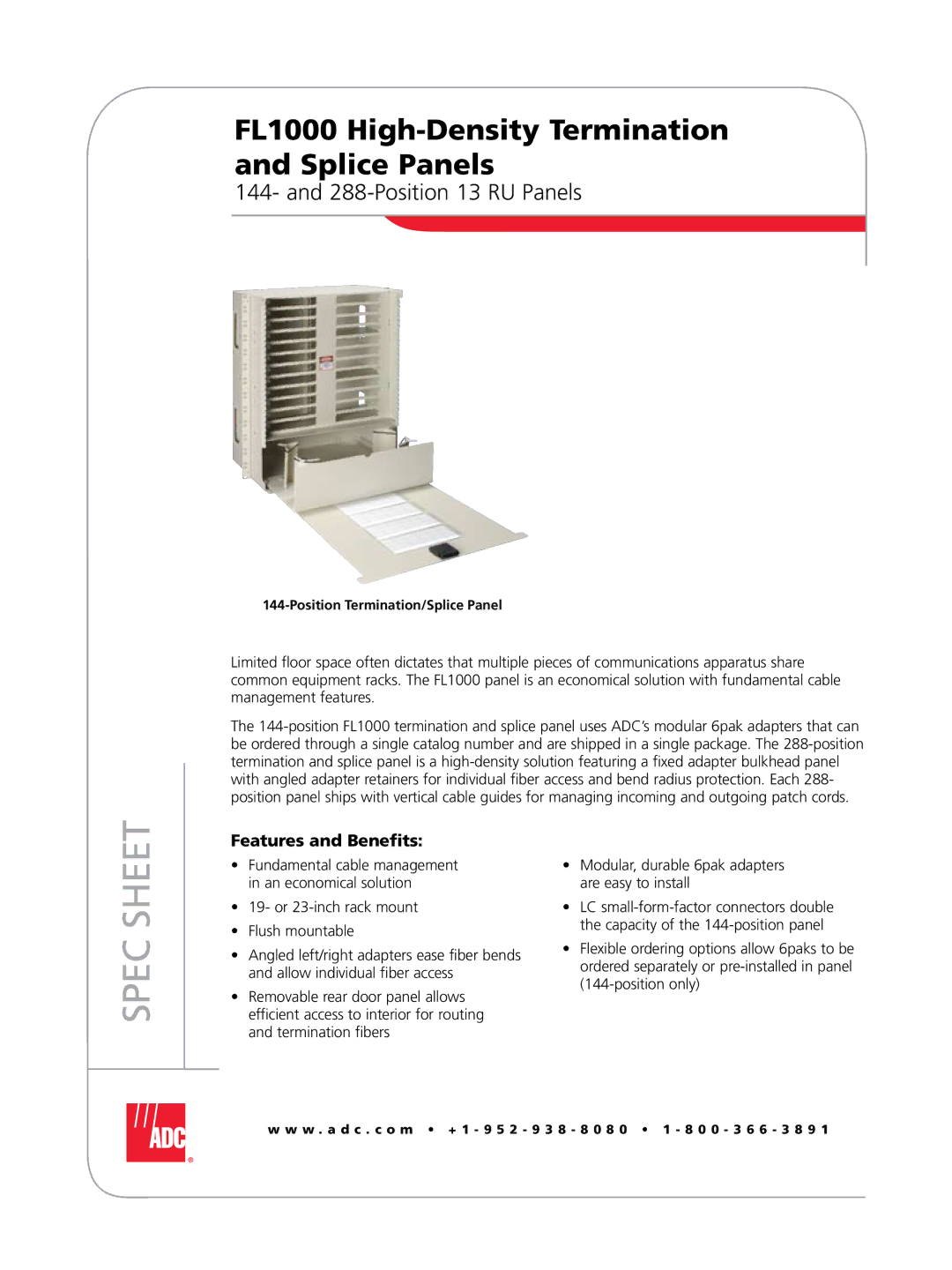 ADC FL1000 manual Position 13 RU Panels, Position Termination/Splice Panel 