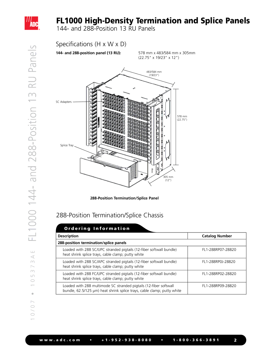 ADC FL1000 manual Position 13 RU Panels Specifications H x W x D, Position Termination/Splice Chassis 