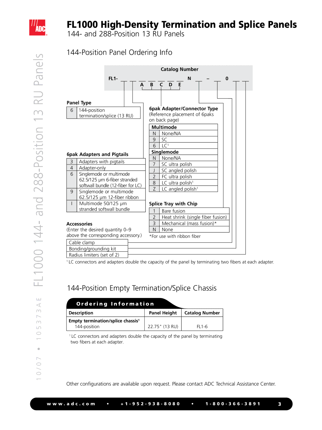 ADC FL1000 manual Position 13 RU Panels Position Panel Ordering Info, Position Empty Termination/Splice Chassis 