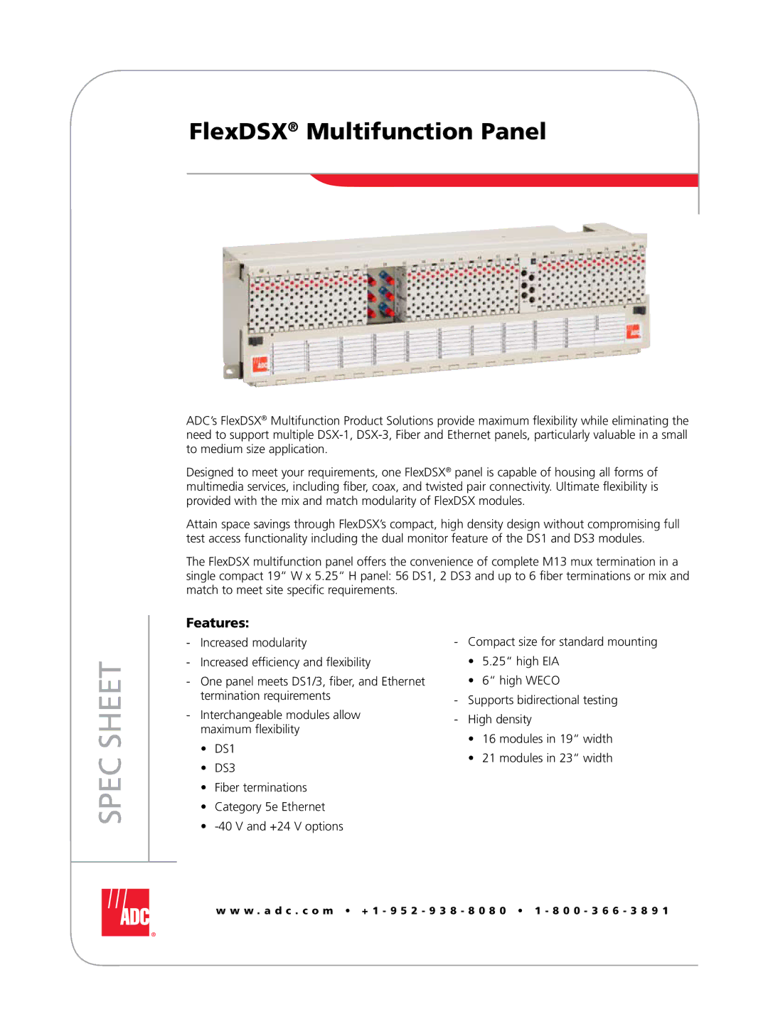 ADC manual Spec Sheet, FlexDSX Multifunction Panel, Features 