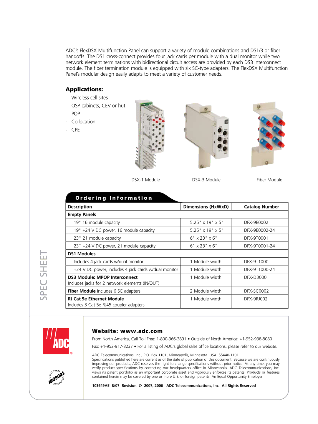 ADC FlexDSX manual Spec Sheet, Applications, D e r i n g I n f o r m a t i o n 