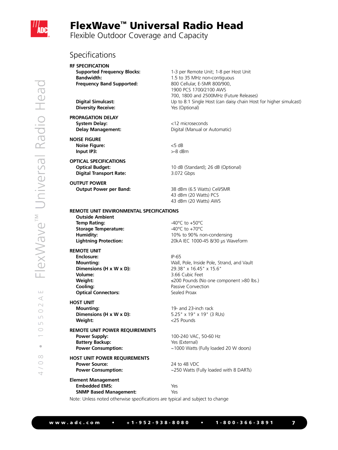 ADC FlexWave manual Flexible Outdoor Coverage and Capacity Specifications 