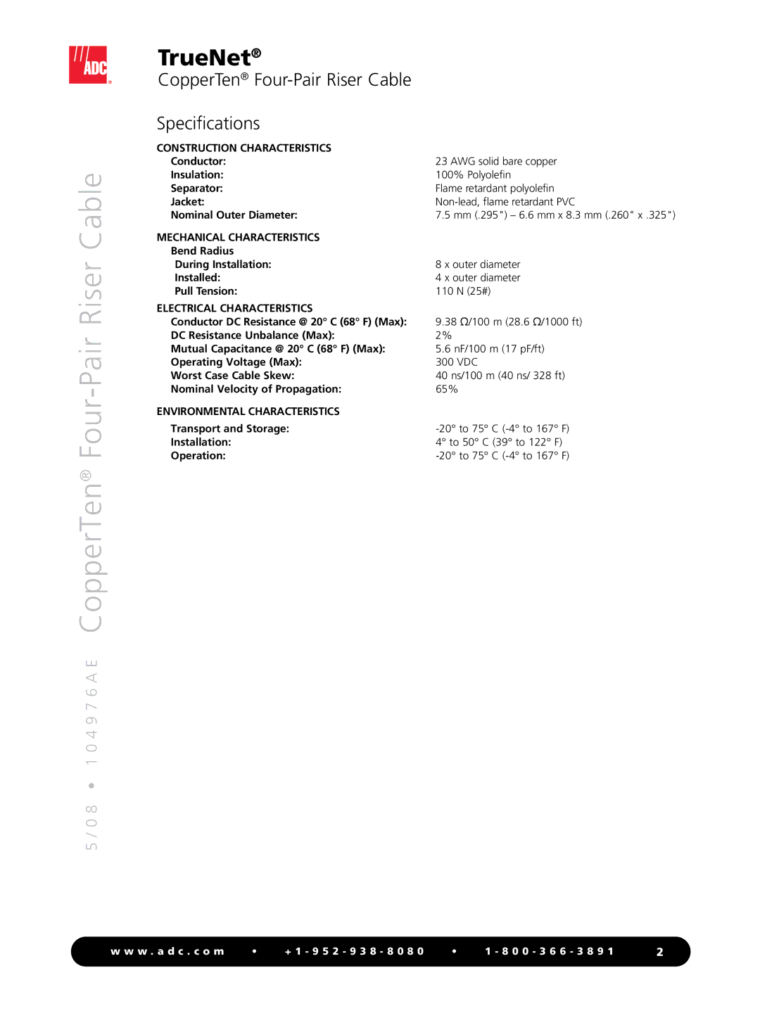 ADC Four-Pair Riser Cable manual Construction Characteristics, Mechanical Characteristics, Electrical Characteristics 