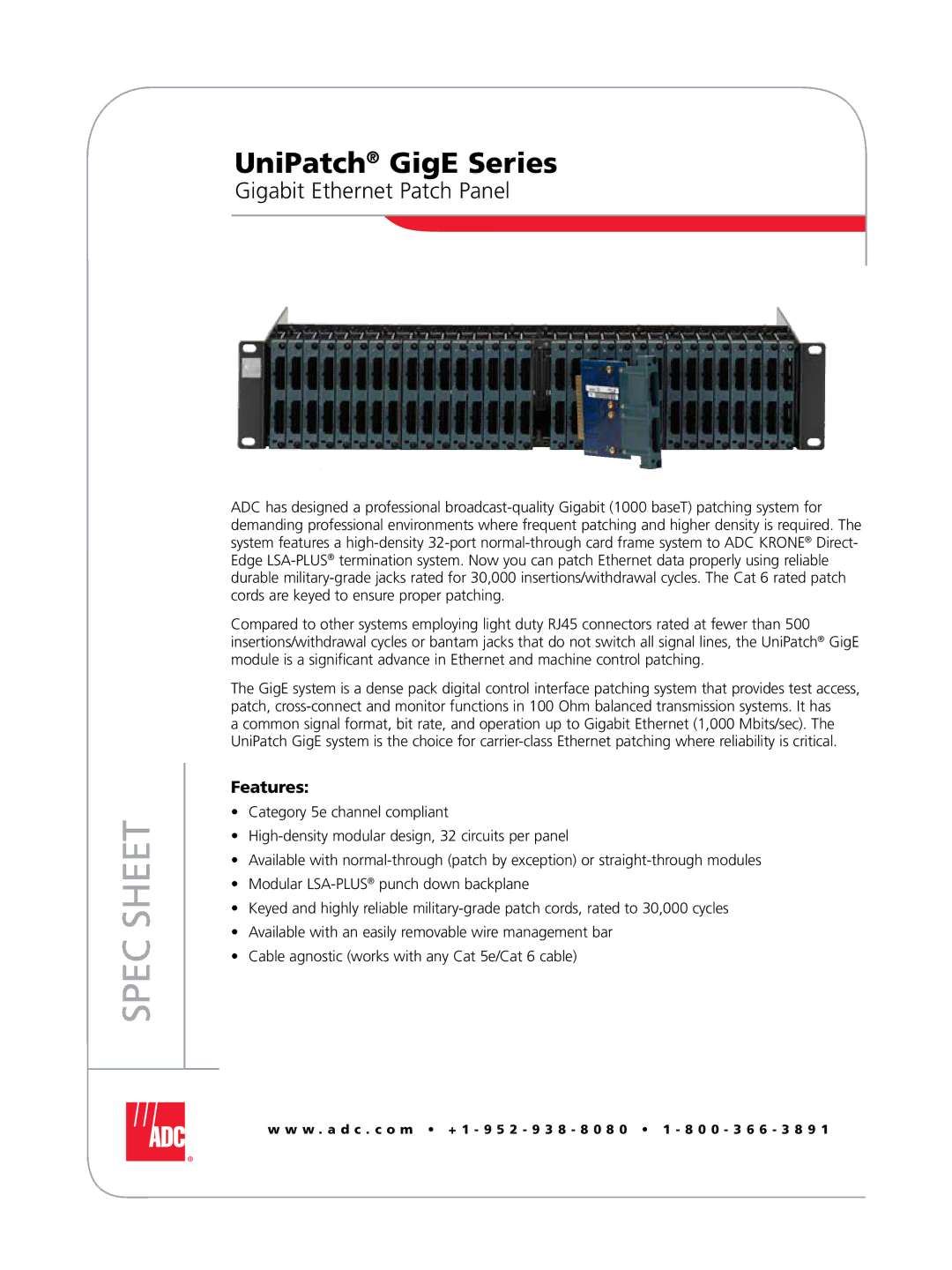 ADC GigE Series manual Spec Sheet, Gigabit Ethernet Patch Panel 