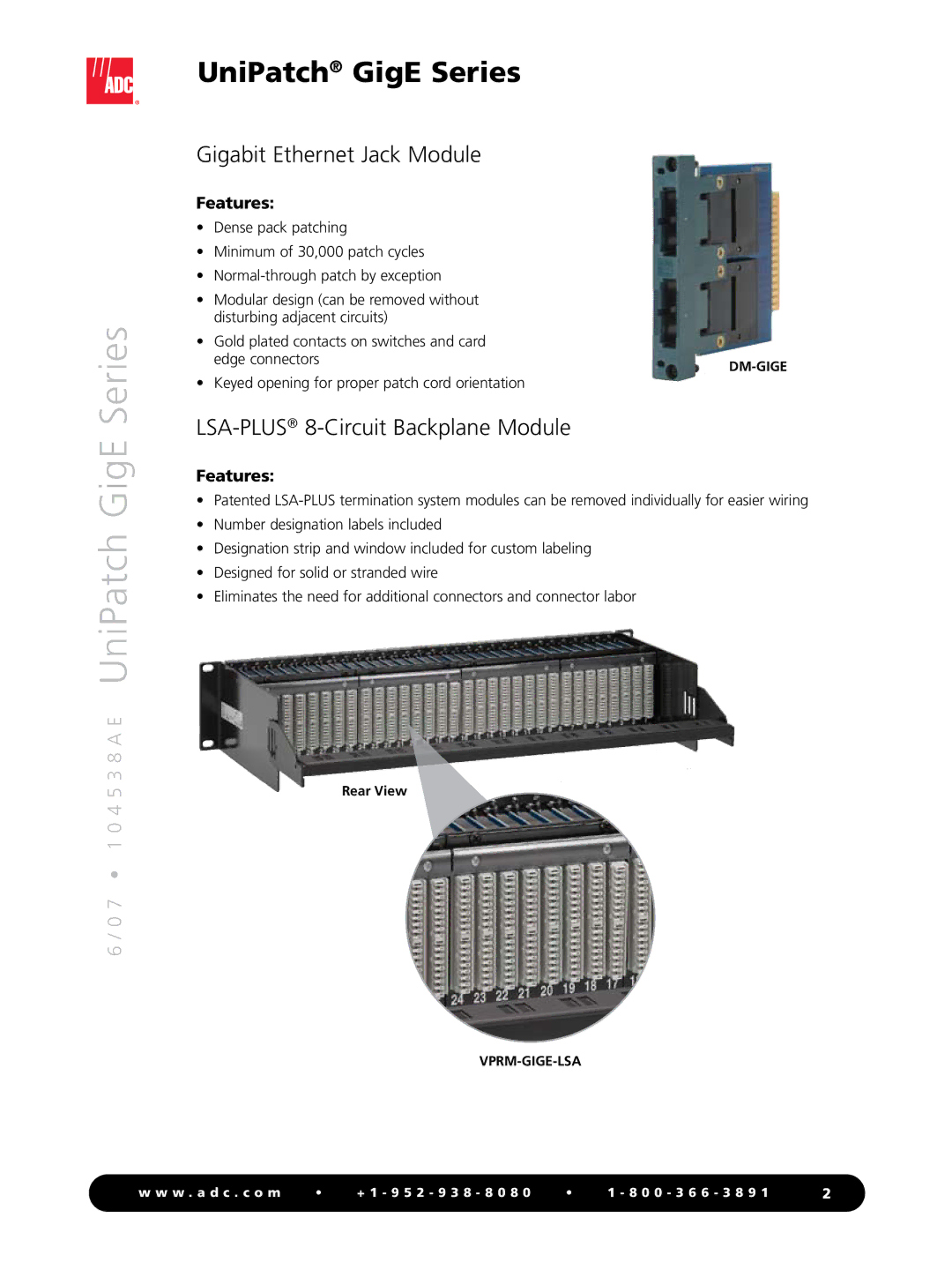 ADC GigE Series manual Gigabit Ethernet Jack Module, LSA-PLUS8-Circuit Backplane Module, Dm-Gige, Vprm-Gige-Lsa 