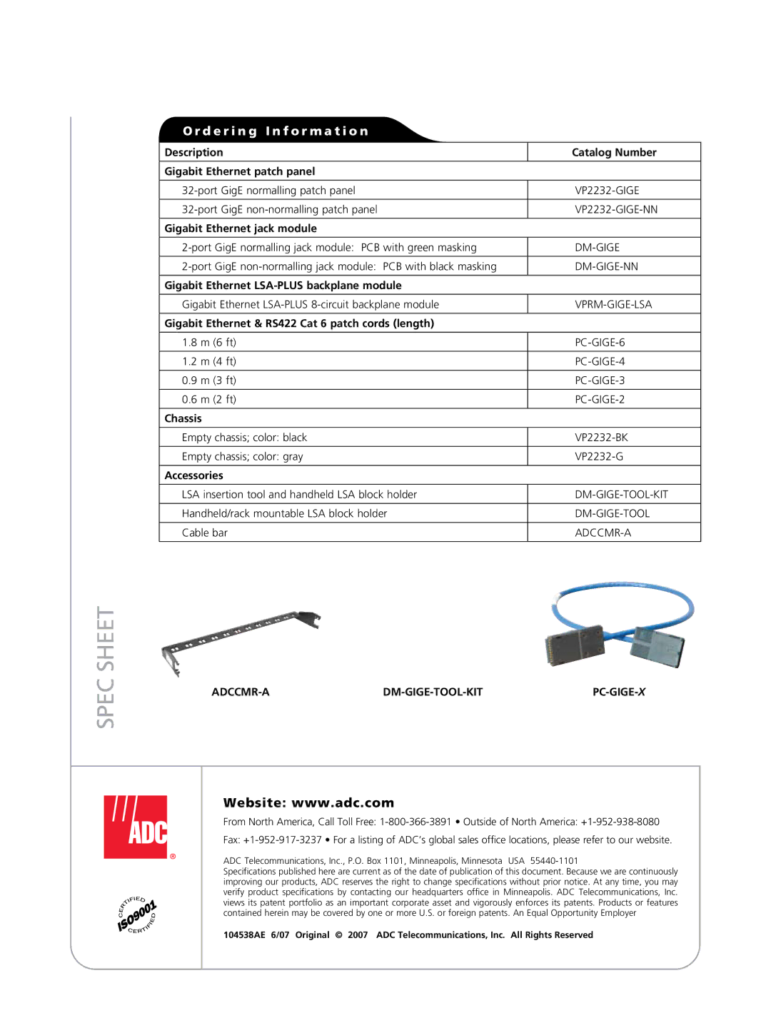 ADC GigE Series manual Spec Sheet, Adccmr-A Dm-Gige-Tool-Kit 