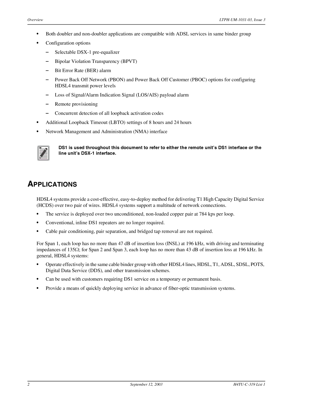 ADC HDSL4, H4TU-C-319 List 1 Line Unit user manual Applications 