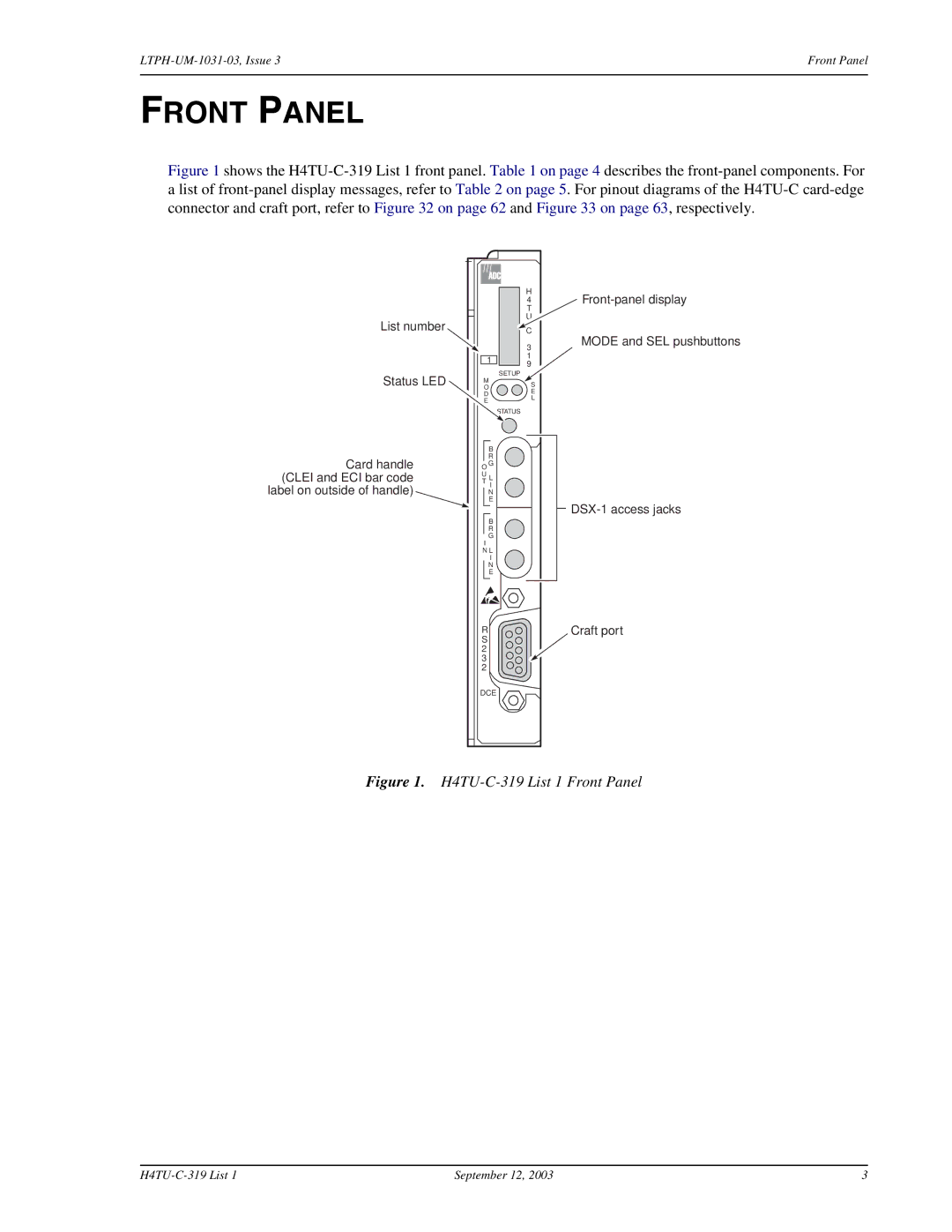 ADC H4TU-C-319 List 1 Line Unit, HDSL4 user manual H4TU-C-319 List 1 Front Panel 