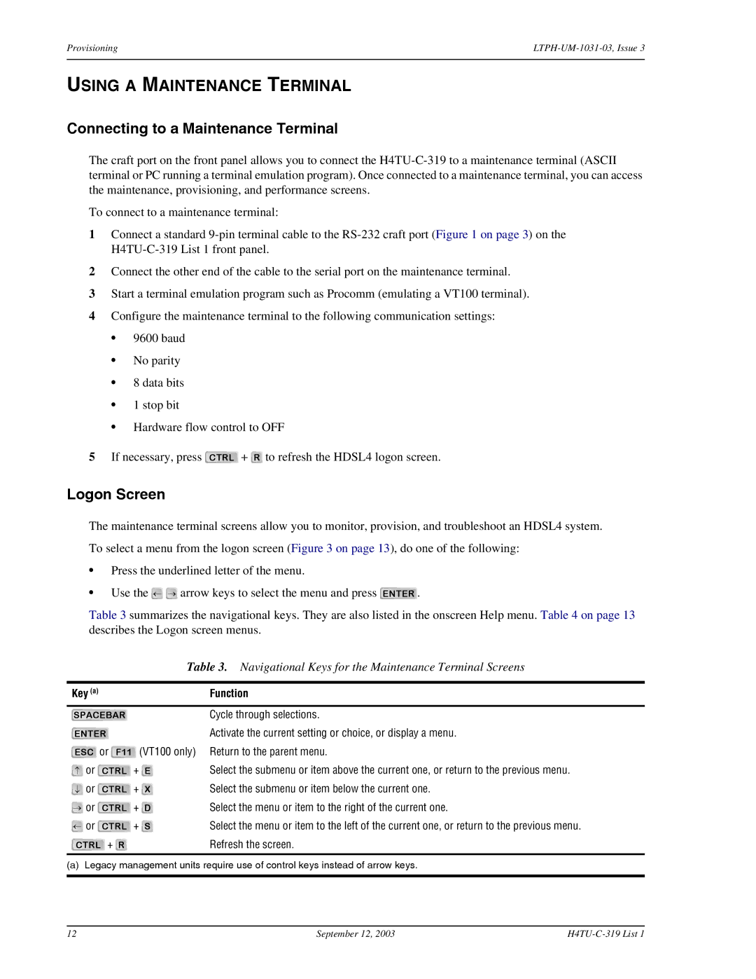 ADC HDSL4 user manual Using a Maintenance Terminal, Connecting to a Maintenance Terminal, Logon Screen, Key a Function 