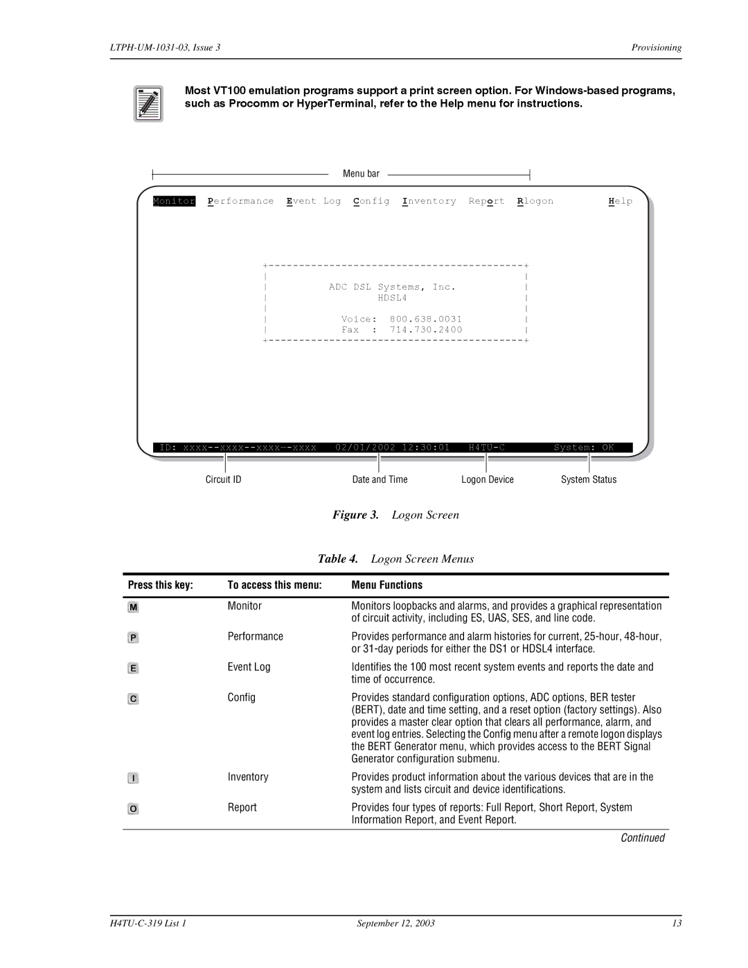 ADC H4TU-C-319 List 1 Line Unit, HDSL4 user manual Press this key, Menu Functions 