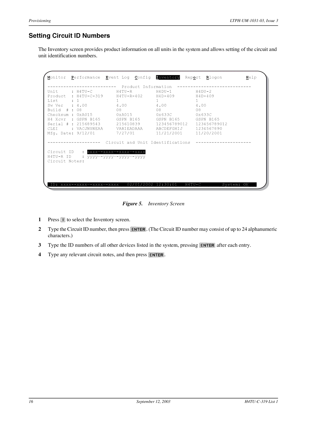 ADC HDSL4, H4TU-C-319 List 1 Line Unit user manual Setting Circuit ID Numbers, Inventory Screen 