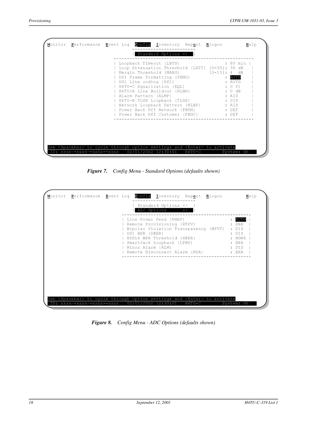 ADC HDSL4, H4TU-C-319 List 1 Line Unit user manual Config Menu Standard Options defaults shown 