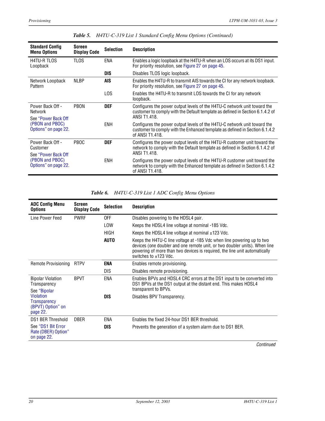 ADC HDSL4 H4TU-C-319 List 1 ADC Config Menu Options, Dis, Def, ADC Config Menu Screen Selection Description Options, Ena 