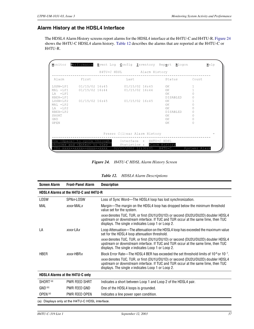 ADC H4TU-C-319 List 1 Line Unit user manual Alarm History at the HDSL4 Interface, HDSL4 Alarms at the H4TU-C only 