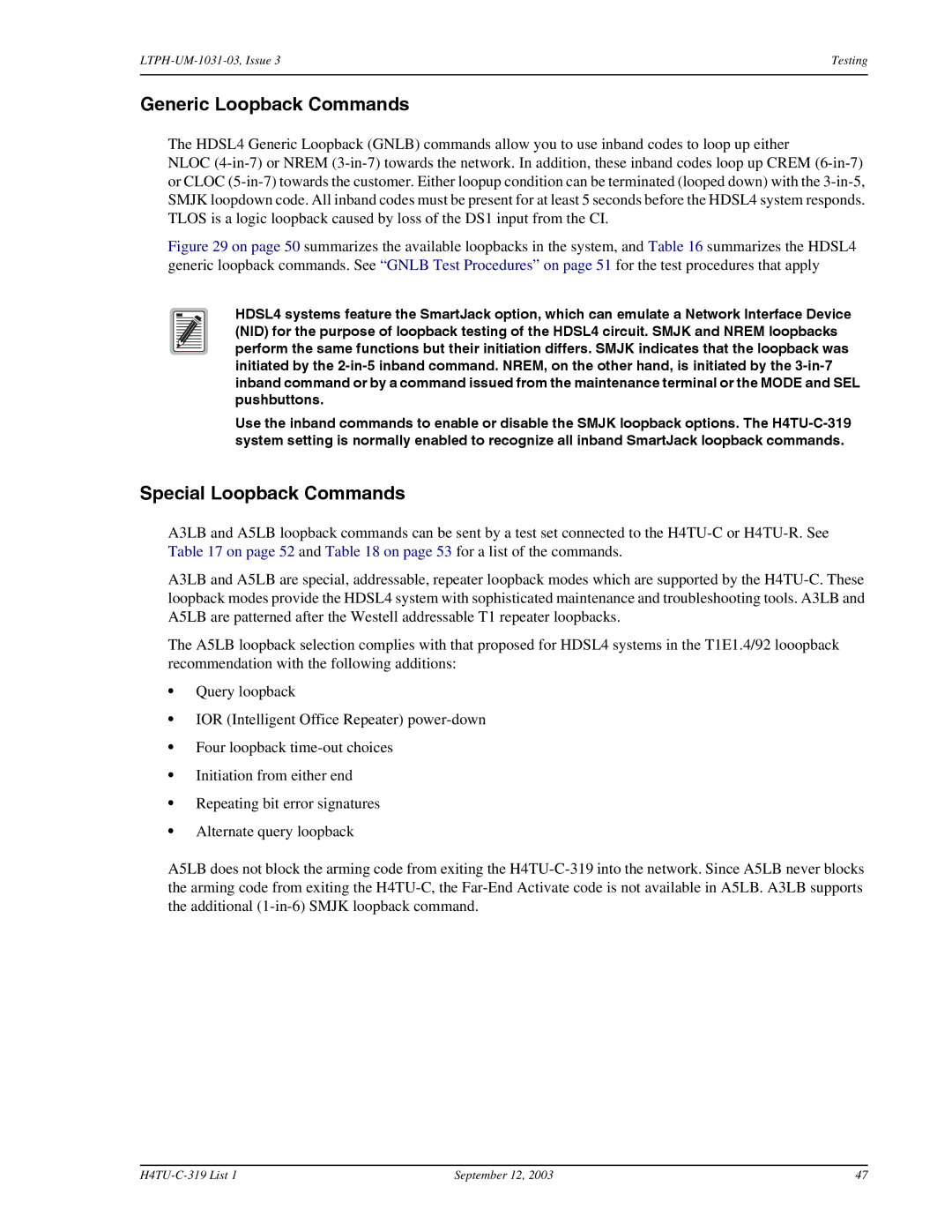 ADC H4TU-C-319 List 1 Line Unit, HDSL4 user manual Generic Loopback Commands, Special Loopback Commands 