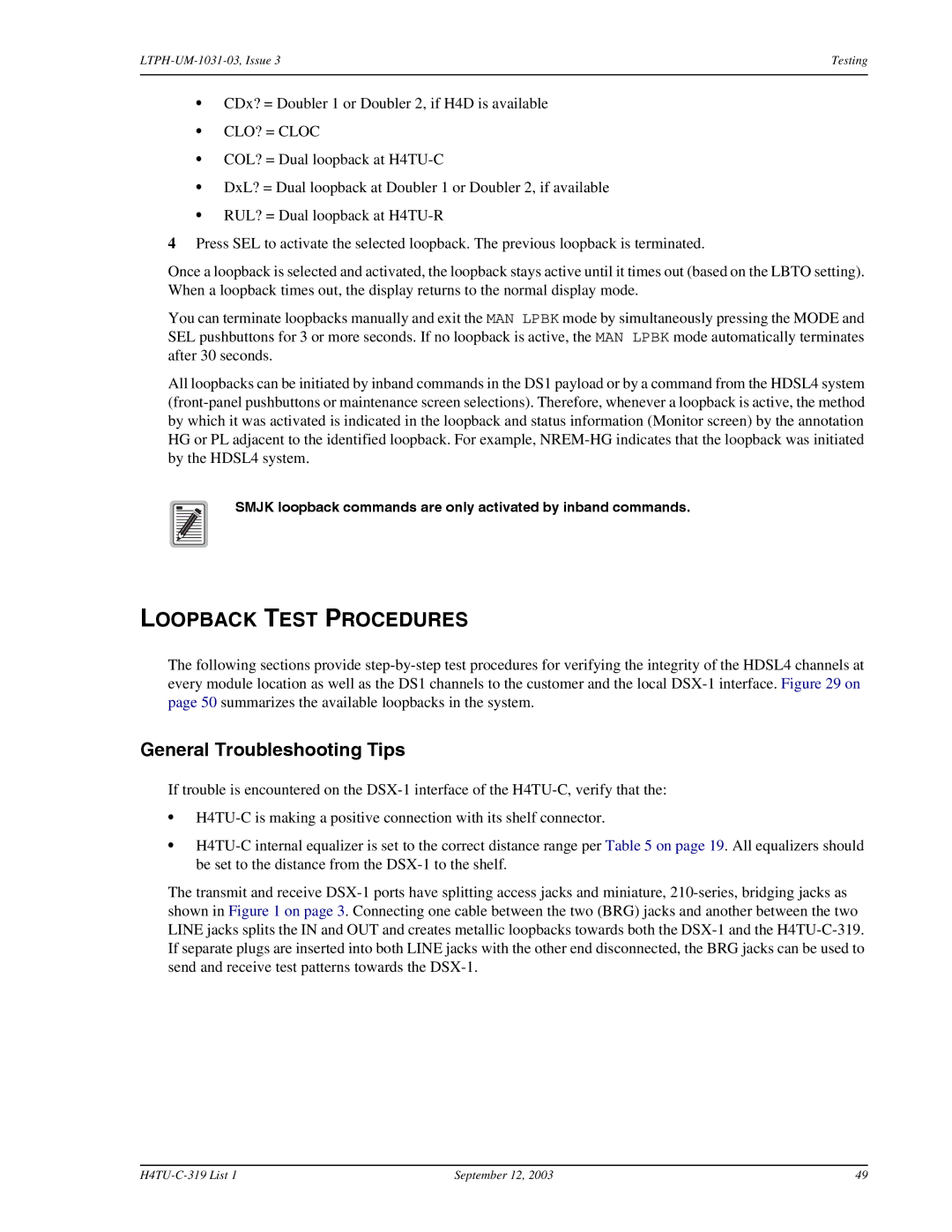 ADC H4TU-C-319 List 1 Line Unit, HDSL4 user manual Loopback Test Procedures, General Troubleshooting Tips 