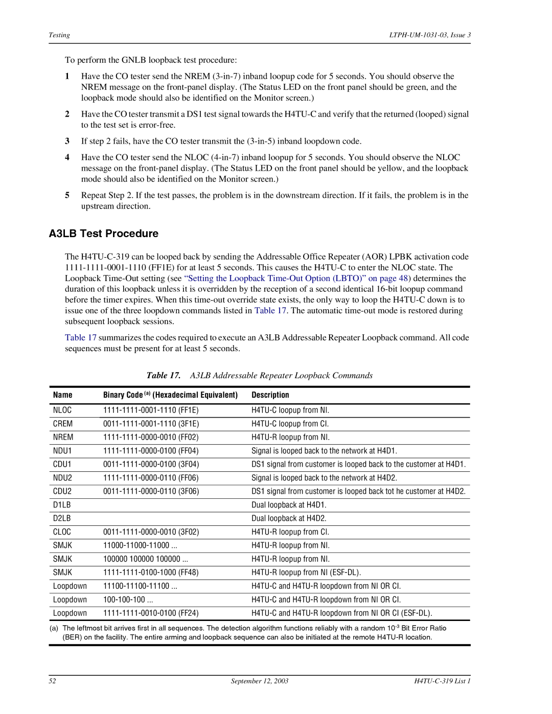 ADC HDSL4, H4TU-C-319 List 1 Line Unit user manual A3LB Test Procedure, A3LB Addressable Repeater Loopback Commands, Name 