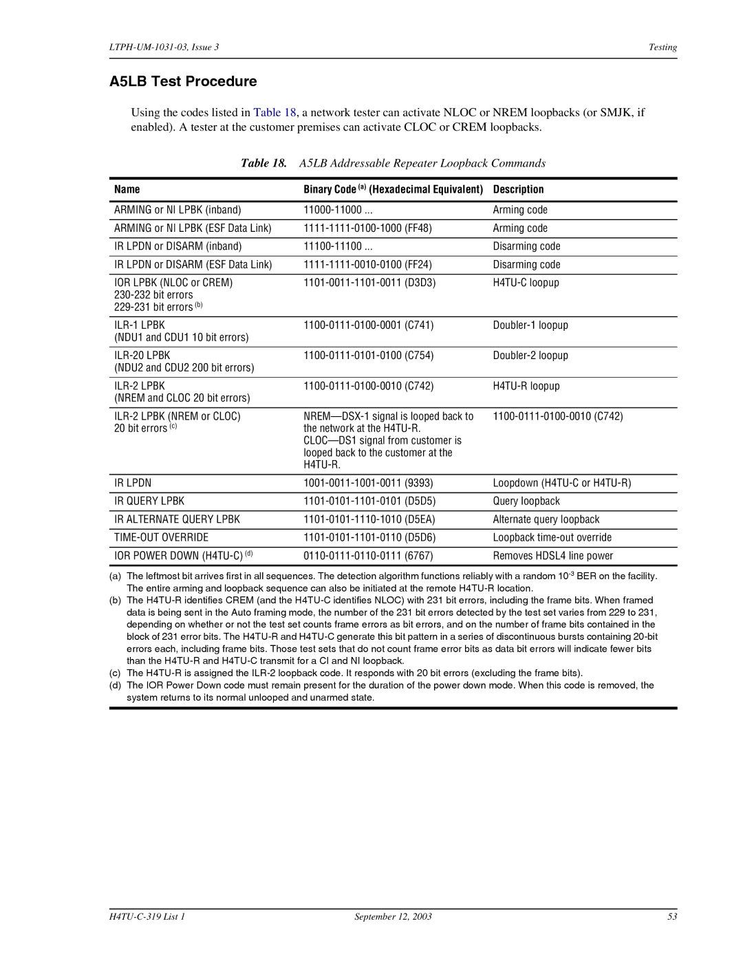 ADC H4TU-C-319 List 1 Line Unit, HDSL4 user manual A5LB Test Procedure, A5LB Addressable Repeater Loopback Commands 